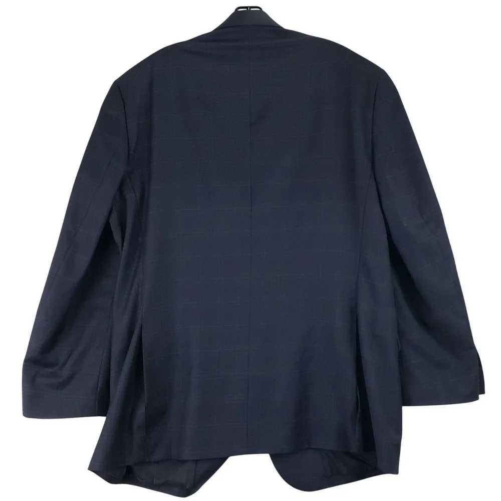 Jos A Bank Traveler Windowpane Plaid Wool Blazer Mens 46R Navy Blue Tailored Fit